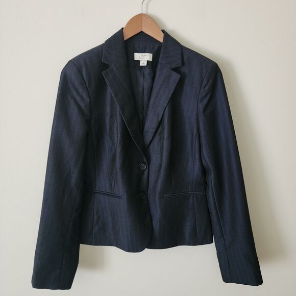 Ann Taylor Loft Womens Wool-Blend Pinstriped Blazer Jacket Black Navy Blue Sz 6 - Picture 1 of 7
